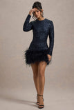 Claudia Navy Sequin High Neck Feather Hem Mini Dress With Long Sleeves