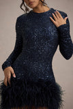 Claudia Navy Sequin High Neck Feather Hem Mini Dress With Long Sleeves