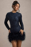 Claudia Navy Sequin High Neck Feather Hem Mini Dress With Long Sleeves