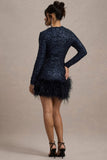 Claudia Navy Sequin High Neck Feather Hem Mini Dress With Long Sleeves