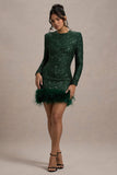 Claudia Bottle Green Sequin High Neck Feather Hem Mini Dress With Long Sleeves