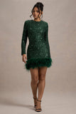 Claudia Bottle Green Sequin High Neck Feather Hem Mini Dress With Long Sleeves