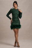 Claudia Bottle Green Sequin High Neck Feather Hem Mini Dress With Long Sleeves
