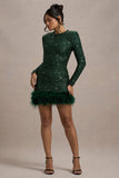 Claudia Bottle Green Sequin High Neck Feather Hem Mini Dress With Long Sleeves