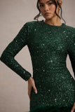 Claudia Bottle Green Sequin High Neck Feather Hem Mini Dress With Long Sleeves