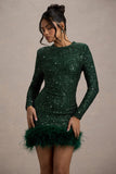Claudia Bottle Green Sequin High Neck Feather Hem Mini Dress With Long Sleeves