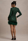 Claudia Bottle Green Sequin High Neck Feather Hem Mini Dress With Long Sleeves