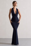 Milani Navy Backless Cowl Neck Fishtail Maxi Dress