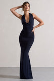 Milani Navy Backless Cowl Neck Fishtail Maxi Dress