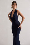 Milani Navy Backless Cowl Neck Fishtail Maxi Dress