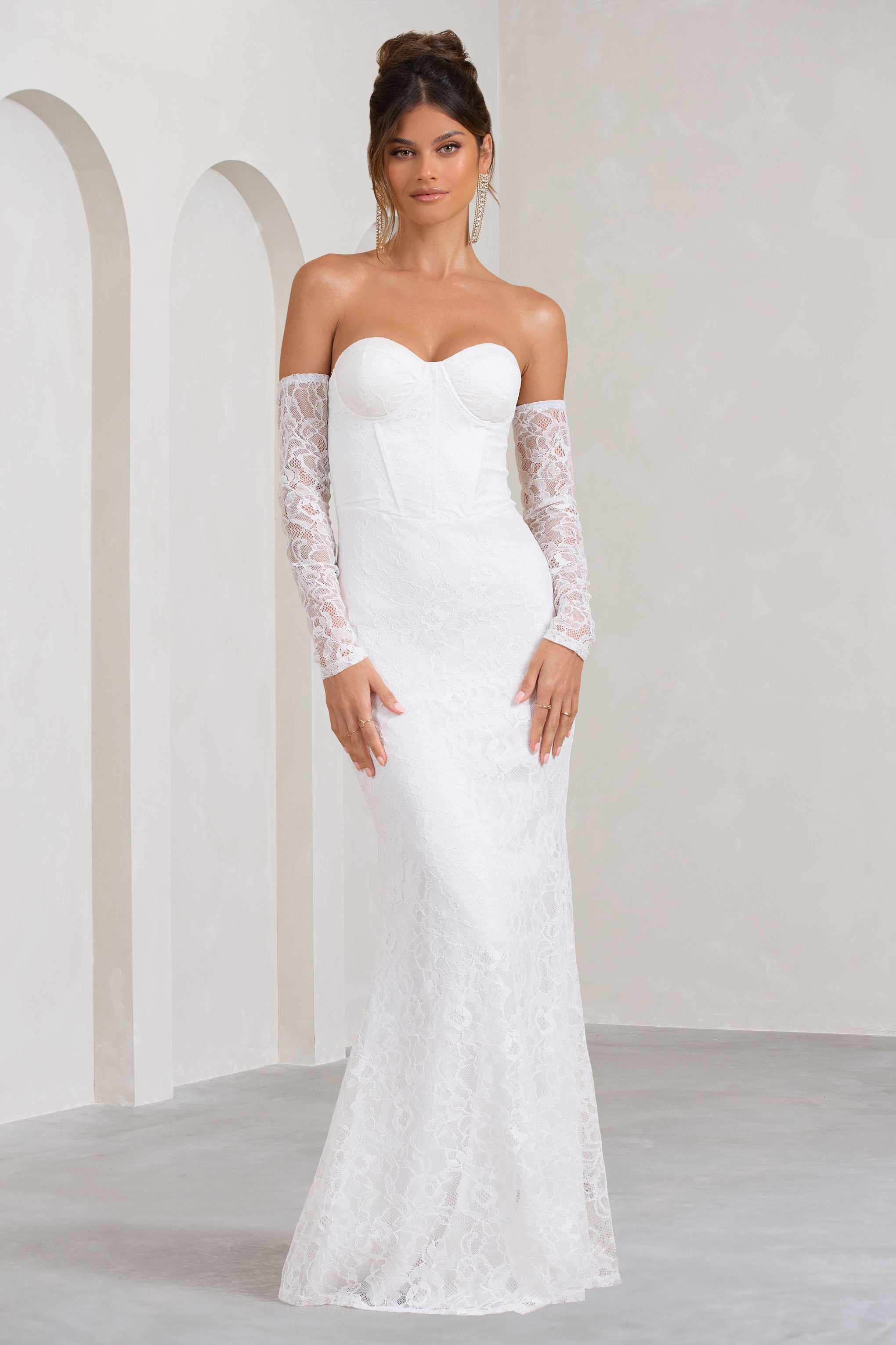 Aniyah White Lace Bandeau Neckline Corset Fishtail Maxi Dress With Sheer Sleeves