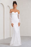 Aniyah White Lace Bandeau Neckline Corset Fishtail Maxi Dress With Sheer Sleeves
