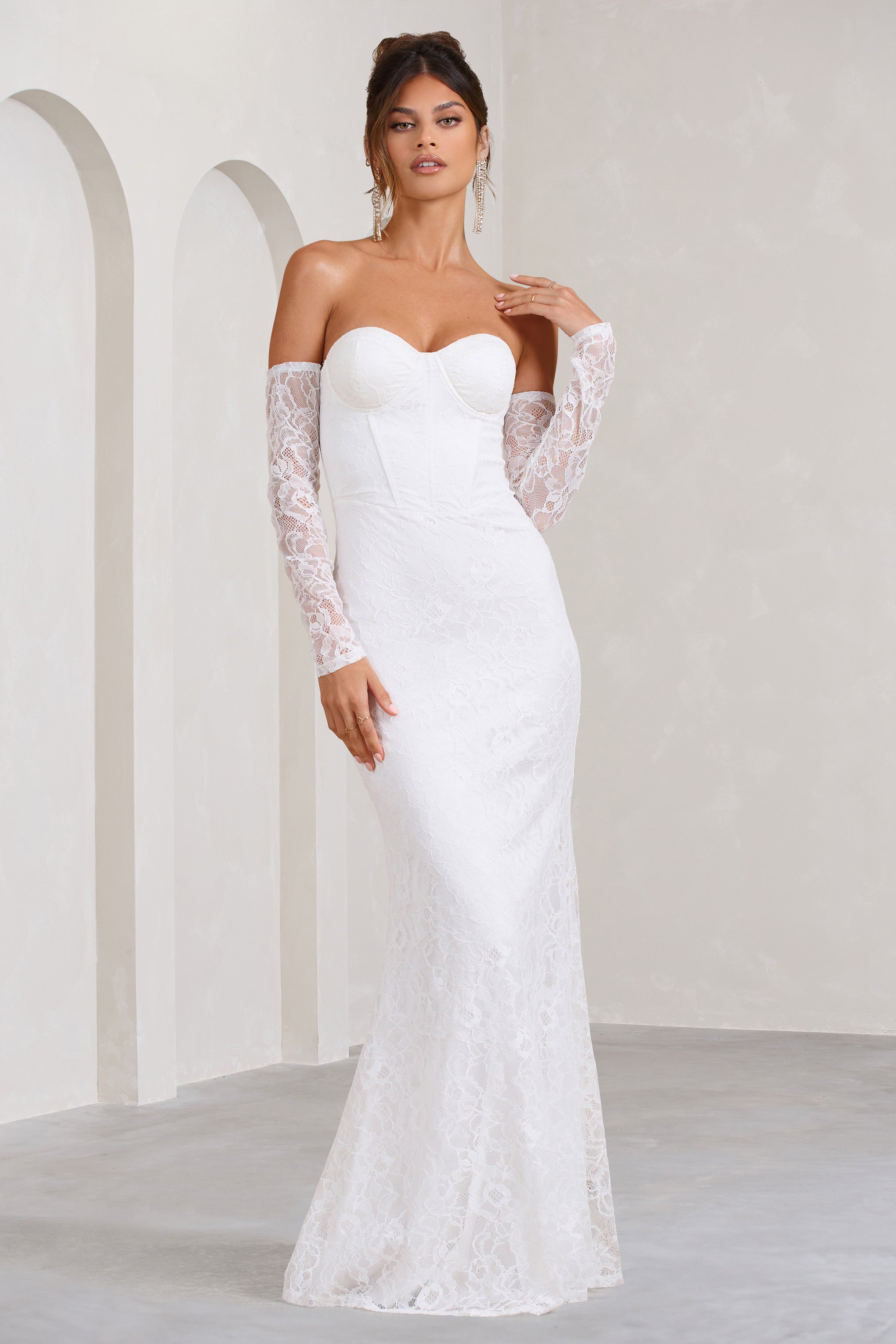 Aniyah White Lace Bandeau Neckline Corset Fishtail Maxi Dress With Sheer Sleeves