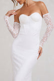 Aniyah White Lace Bandeau Neckline Corset Fishtail Maxi Dress With Sheer Sleeves