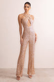 Audrey Champagne Sequin Cross Front Flared Leg Jumpsuit With Keyhole Detail
