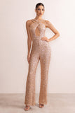 Audrey Champagne Sequin Cross Front Flared Leg Jumpsuit With Keyhole Detail