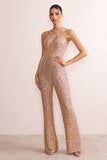 Audrey Champagne Sequin Cross Front Flared Leg Jumpsuit With Keyhole Detail