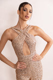 Audrey Champagne Sequin Cross Front Flared Leg Jumpsuit With Keyhole Detail