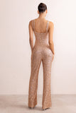 Audrey Champagne Sequin Cross Front Flared Leg Jumpsuit With Keyhole Detail