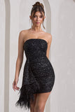 Harper Black Sequin Bandeau Mini Dress With Feather Trim Drape