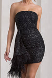 Harper Black Sequin Bandeau Mini Dress With Feather Trim Drape