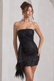 Harper Black Sequin Bandeau Mini Dress With Feather Trim Drape