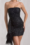Harper Black Sequin Bandeau Mini Dress With Feather Trim Drape