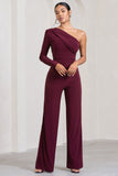 Mila Burgundy One Shoulder Ruched Wide Leg Jumpsuit