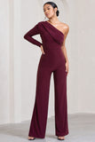 Mila Burgundy One Shoulder Ruched Wide Leg Jumpsuit
