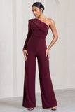 Mila Burgundy One Shoulder Ruched Wide Leg Jumpsuit