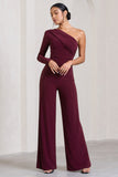 Mila Burgundy One Shoulder Ruched Wide Leg Jumpsuit