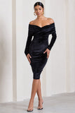Flatter Me Black Velvet Twist Front Bardot Midi Dress