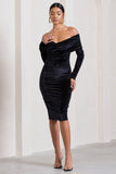 Flatter Me Black Velvet Twist Front Bardot Midi Dress