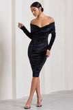 Flatter Me Black Velvet Twist Front Bardot Midi Dress
