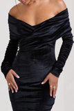 Flatter Me Black Velvet Twist Front Bardot Midi Dress
