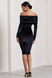 Flatter Me Black Velvet Twist Front Bardot Midi Dress