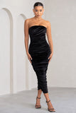 My Lady Black Velvet Strapless Bodycon Ruched Mesh Maxi Dress