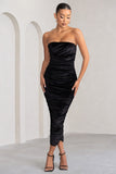 My Lady Black Velvet Strapless Bodycon Ruched Mesh Maxi Dress