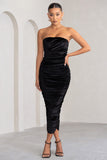 My Lady Black Velvet Strapless Bodycon Ruched Mesh Maxi Dress