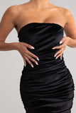 My Lady Black Velvet Strapless Bodycon Ruched Mesh Maxi Dress