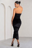 My Lady Black Velvet Strapless Bodycon Ruched Mesh Maxi Dress