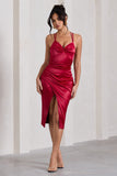 Penelope Red Satin Twist Front Strappy Midi Dress