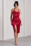 Penelope Red Satin Twist Front Strappy Midi Dress