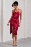 Penelope Red Satin Twist Front Strappy Midi Dress