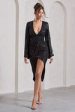 Amber Black Sequin Plunge Wrap Midi Dress