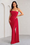 Aaliyah Red Asymmetric Bardot Maxi Dress with Drape