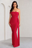 Aaliyah Red Asymmetric Bardot Maxi Dress with Drape