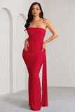 Aaliyah Red Asymmetric Bardot Maxi Dress with Drape