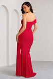 Aaliyah Red Asymmetric Bardot Maxi Dress with Drape