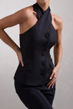 Remi Black Cross Halter Neck Tailored Sleeveless Blazer Top